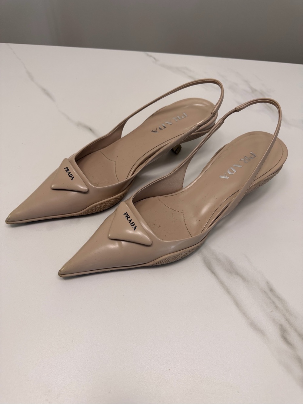 Prada Beige Pointed Patent Slingback Pumps